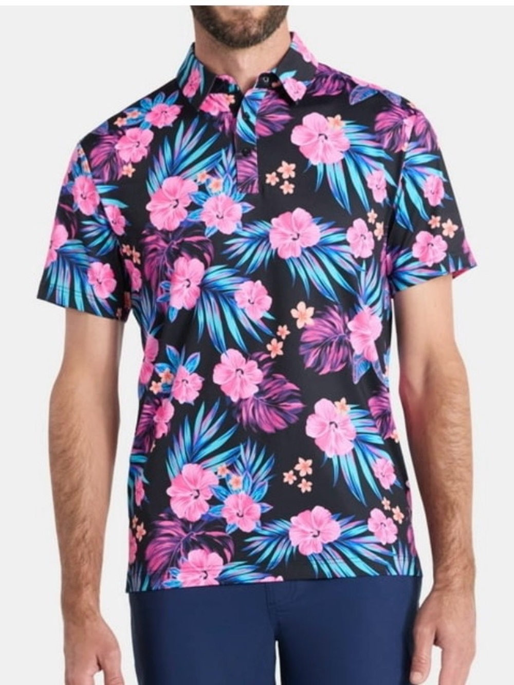Birdie Bound Men's Black Hawaiian Flower Print Casual Golf Polo Shirt
Size M